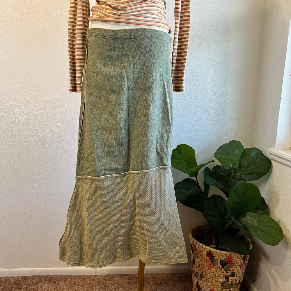 90s Green Tribe 100% Cotton Waffle Thermal Patchwork Maxi Skirt Size Medium